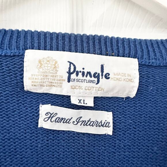 Pringle Scotland Hand Intarsia Cotton Vintage Blue Red Green Argyle Sweater XL - Picture 3 of 10